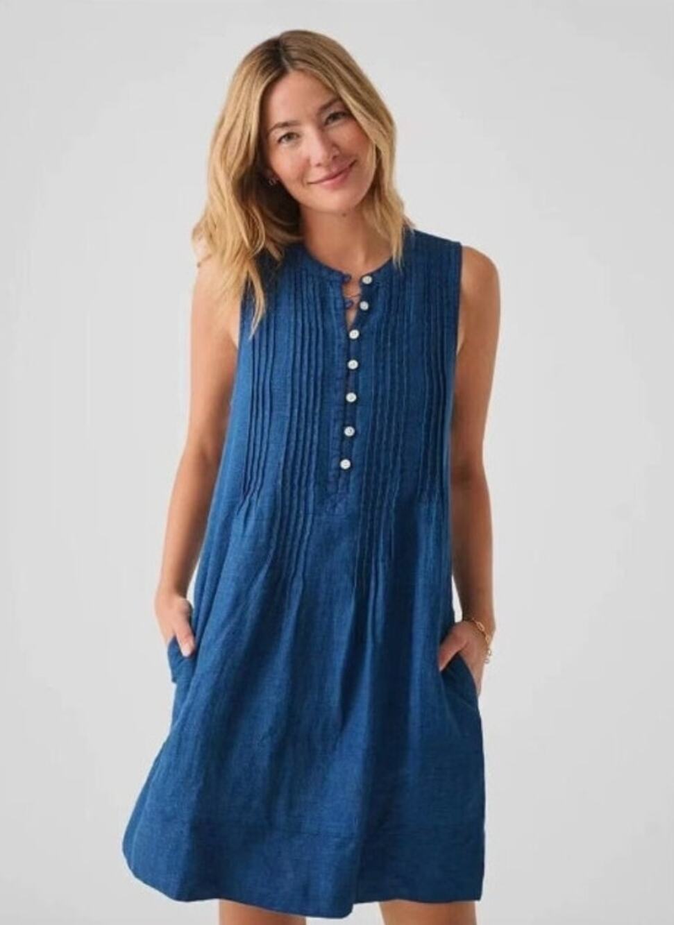 Faherty Isha Indigo Blue 100% Linen Sleeveless Mini Dress Size XL